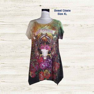 Sweet Gisele San Antonio Top Tunic Embellished Rhinestones XL Print Two Sided